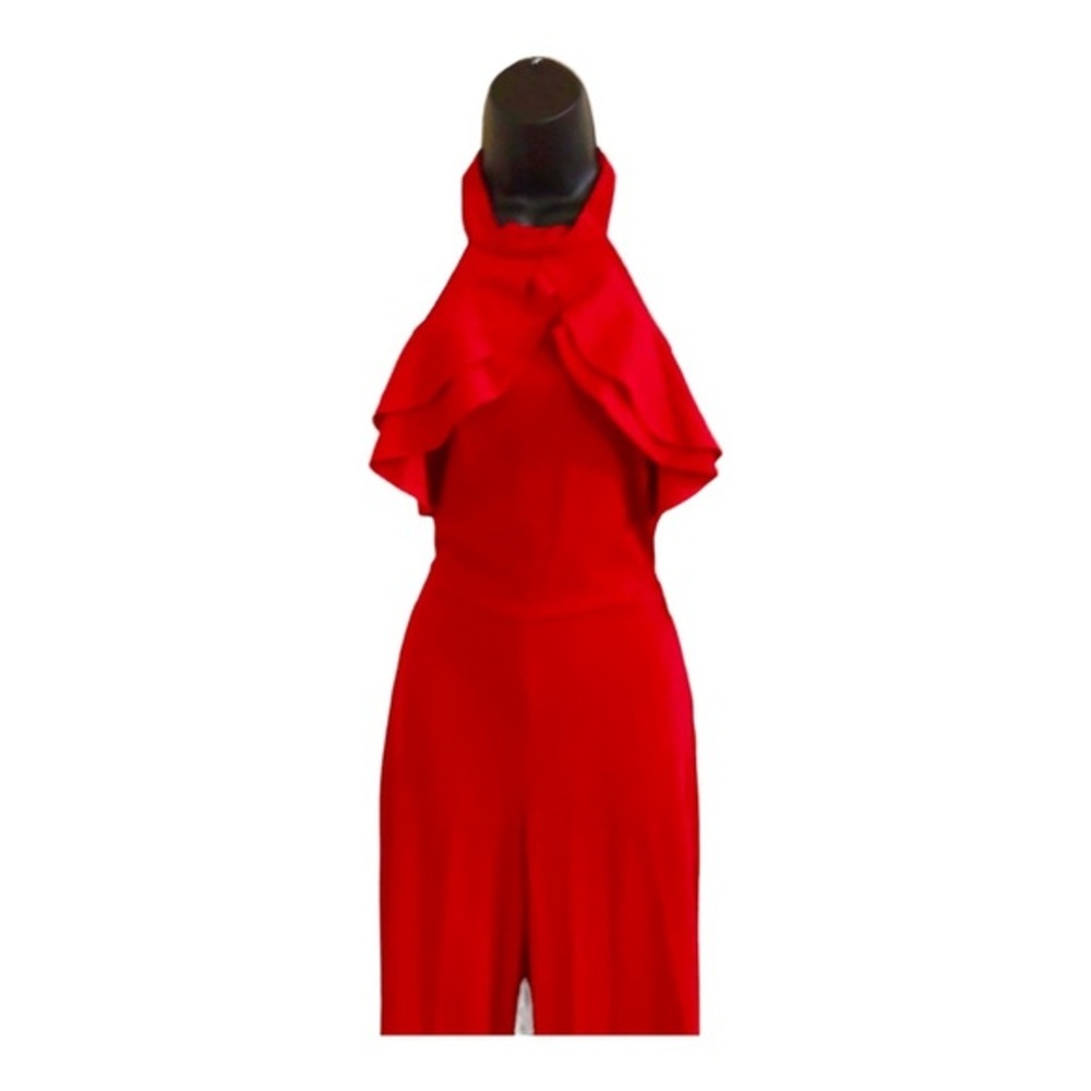 Bebe red Ruffle front belted sleeveless open back‎ Halter Jumpsuit size 2 new - Picture 13 of 15